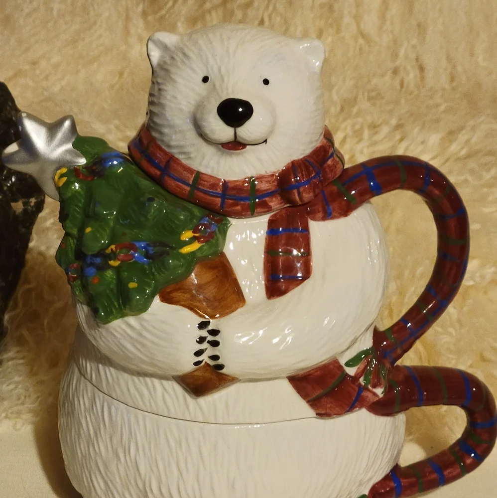 Vtg Pfaltzgraff Ceramic Glazed Polar Bear TeaPot W/Hot Chocolate Coffee Cup Mug